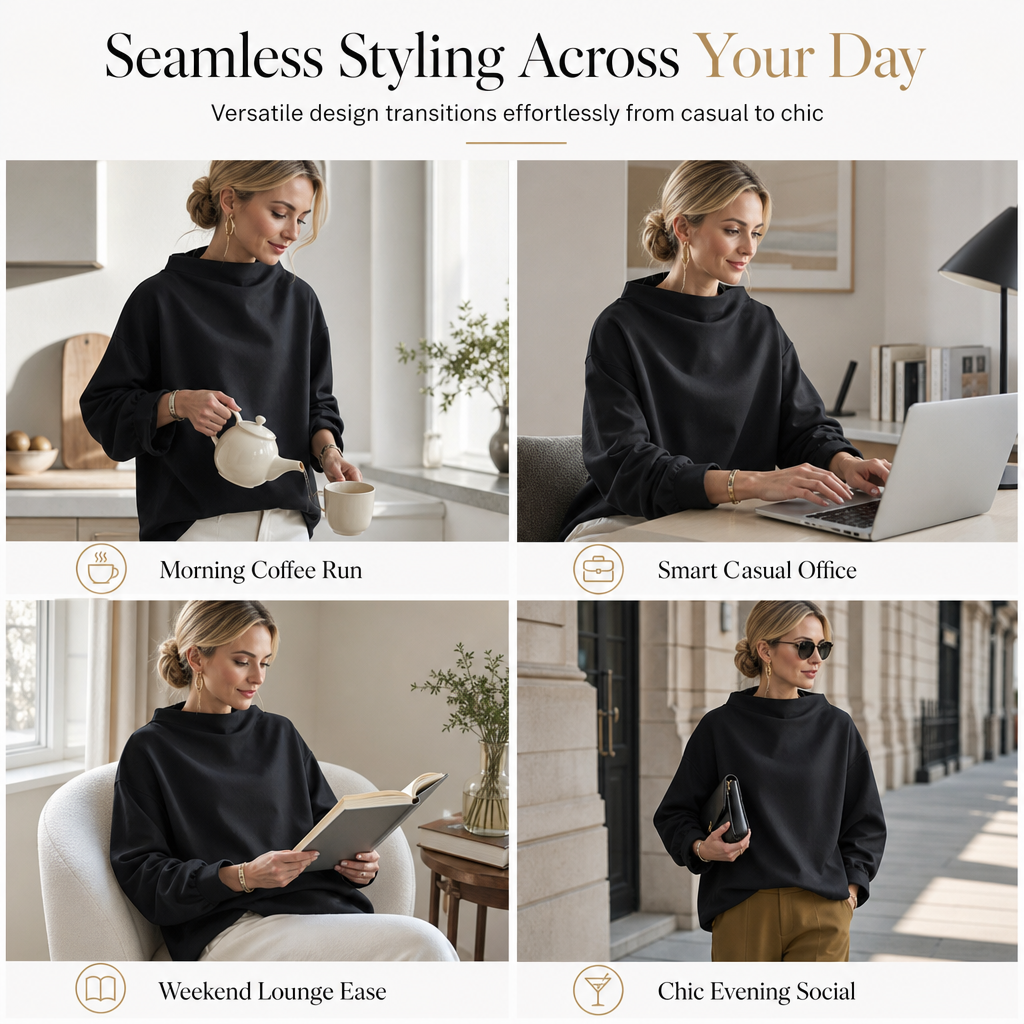 💖Loose Fit Mock Neck Draped Pullover Sweatshirt with Dropped Shoulders and Long Sleeves