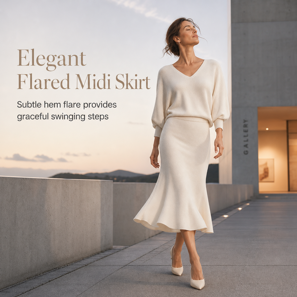 Elegant V Neck Batwing Sleeve Knit Top and Midi Skirt Two Piece set
