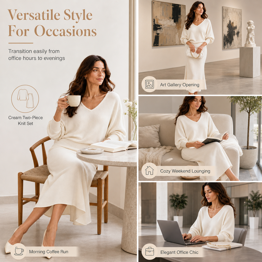 Elegant V Neck Batwing Sleeve Knit Top and Midi Skirt Two Piece set