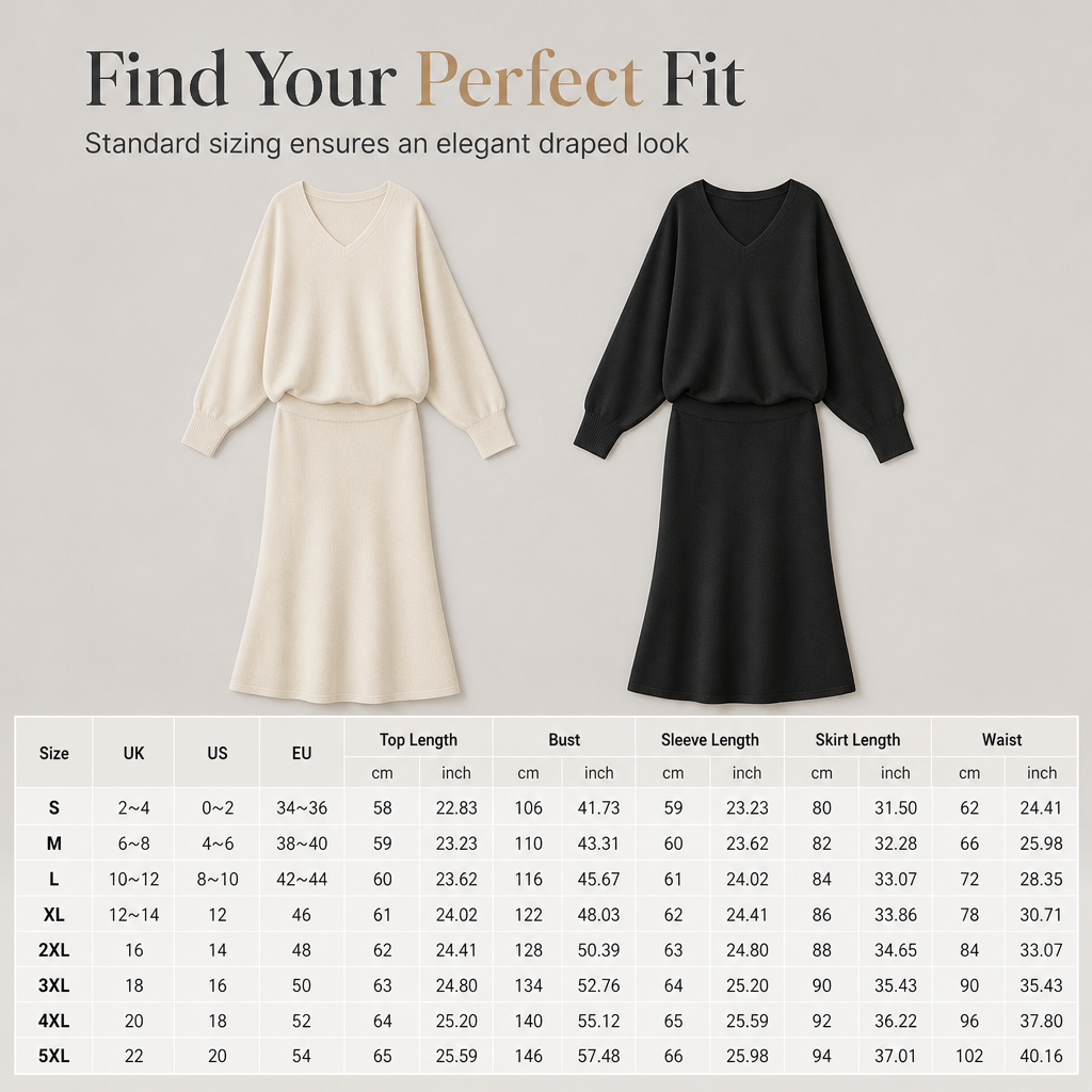 Elegant V Neck Batwing Sleeve Knit Top and Midi Skirt Two Piece set