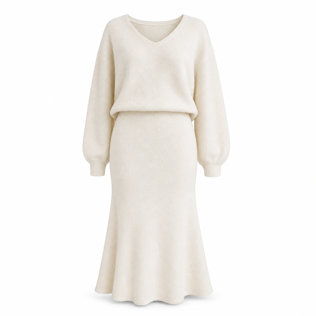 Elegant V Neck Batwing Sleeve Knit Top and Midi Skirt Two Piece set
