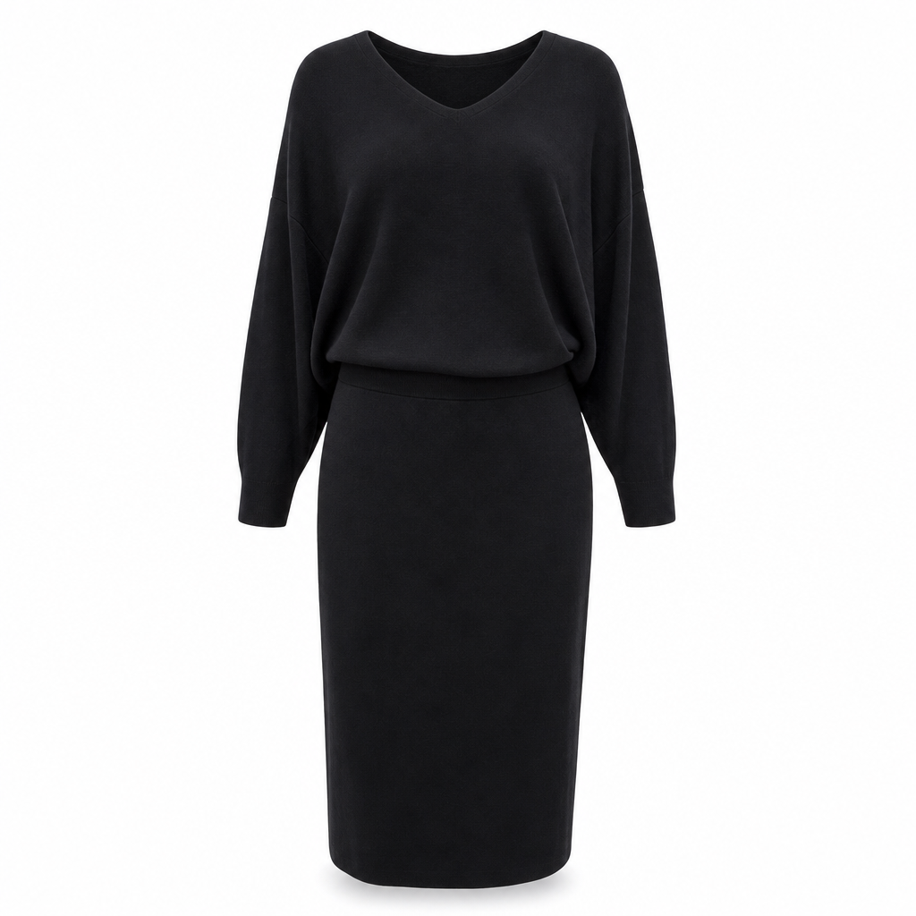 Elegant V Neck Batwing Sleeve Knit Top and Midi Skirt Two Piece set