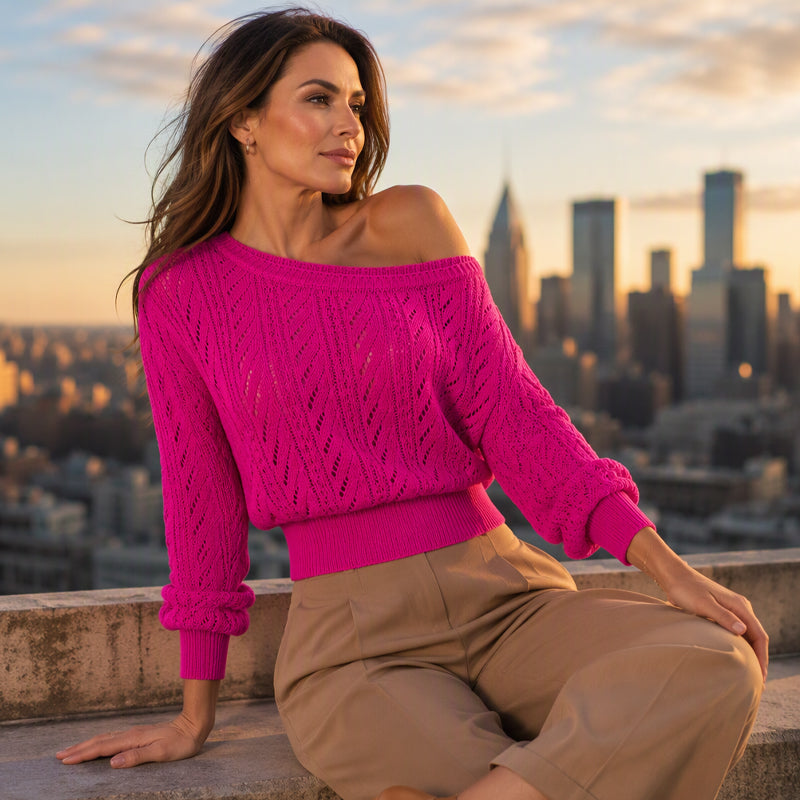🧶 Elegant Shoulder Line, Waist-Framing Fit | Women's Off-The-Shoulder Cropped Knit Sweater