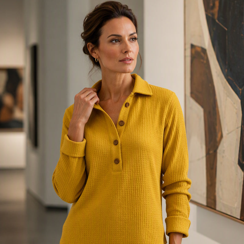 👚 Adjustable Neckline, Textured Comfort | Women's Waffle Knit Long Sleeve Henley Top