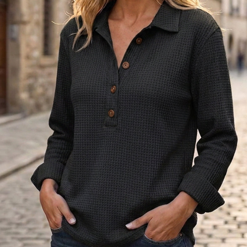 👚 Adjustable Neckline, Textured Comfort | Women's Waffle Knit Long Sleeve Henley Top