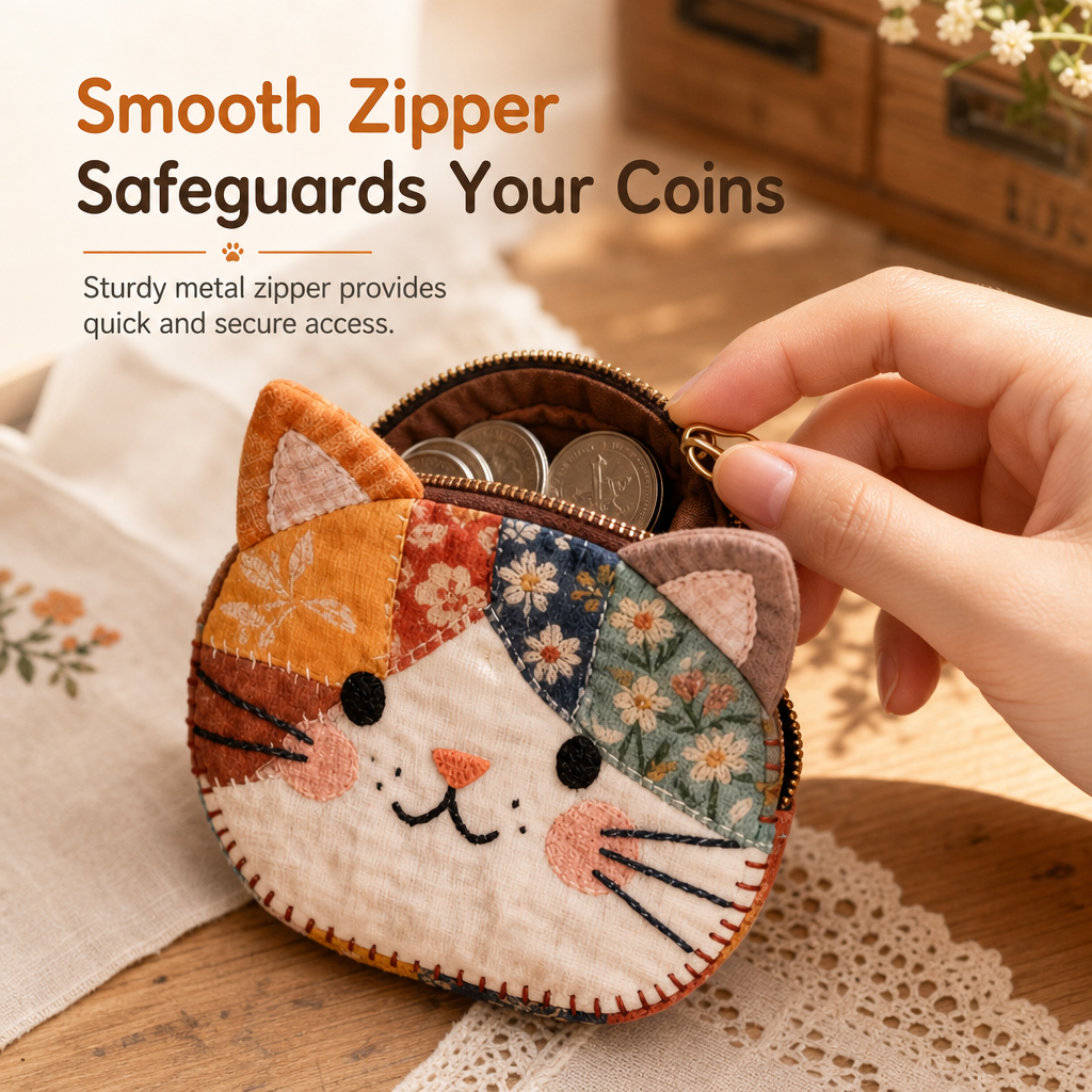 🎁Christmas Hot Sale 50% OFF🐱Cute Patchwork Cat Coin Purse, Handmade Fabric Kitten Mini Pouch, Portable Card Holder for Girls