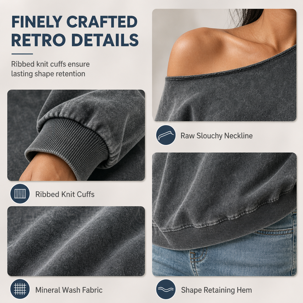 Women's Casual Off Shoulder Mineral Wash Oversized Slouchy Sweatshirt