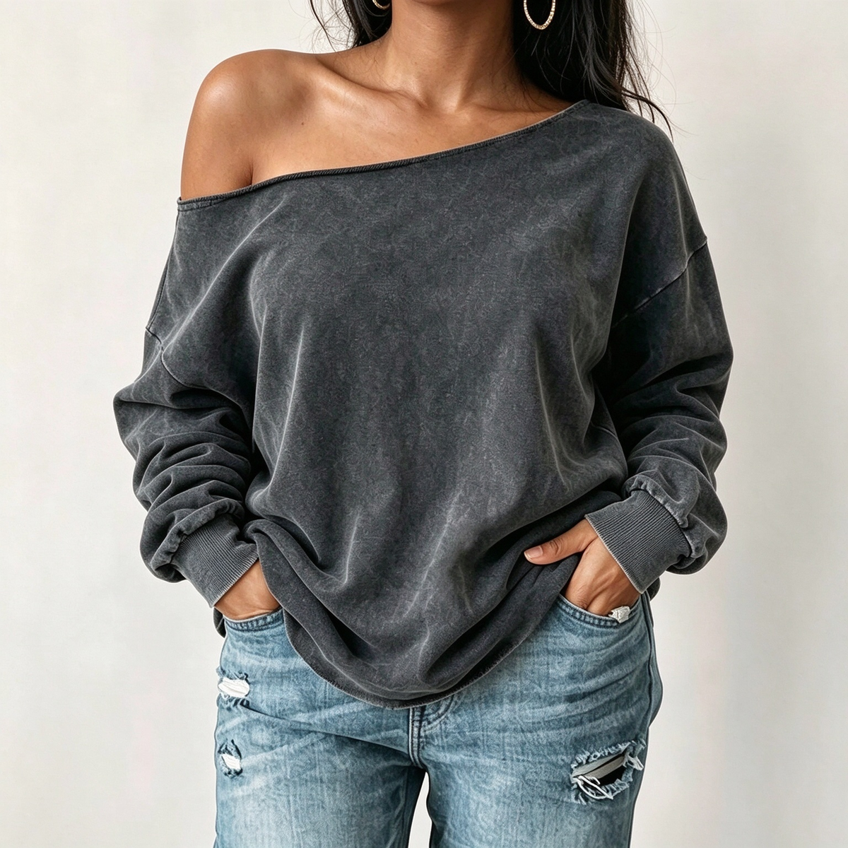 Women's Casual Off Shoulder Mineral Wash Oversized Slouchy Sweatshirt