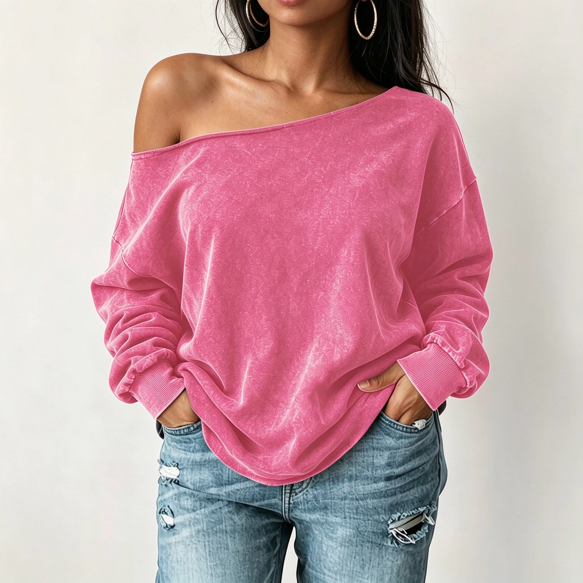 Women's Casual Off Shoulder Mineral Wash Oversized Slouchy Sweatshirt