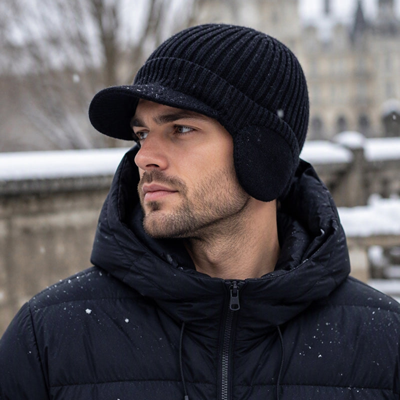 🧢 Cozy Ear Coverage, Structured Brim Detail | Men's Winter Knit Beanie Hat with Brim & Ear Flaps