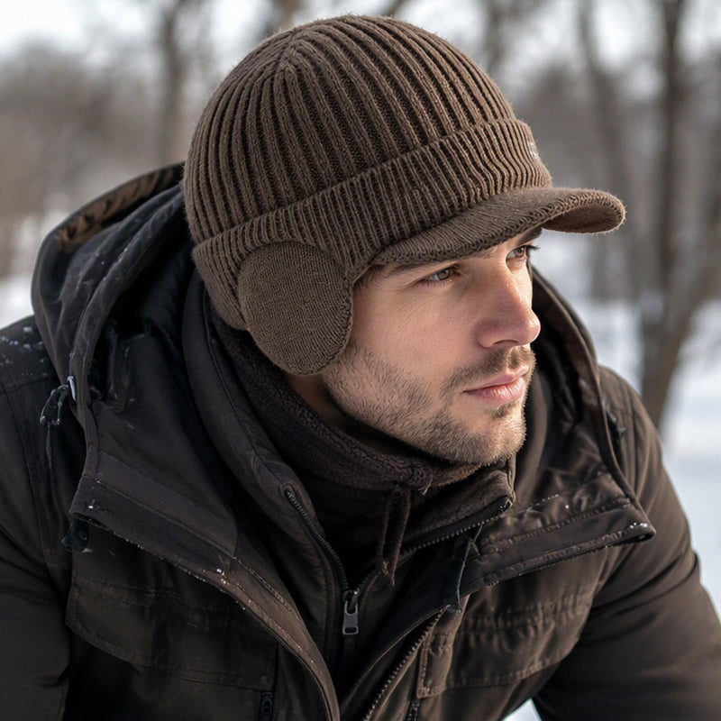 🧢 Cozy Ear Coverage, Structured Brim Detail | Men's Winter Knit Beanie Hat with Brim & Ear Flaps
