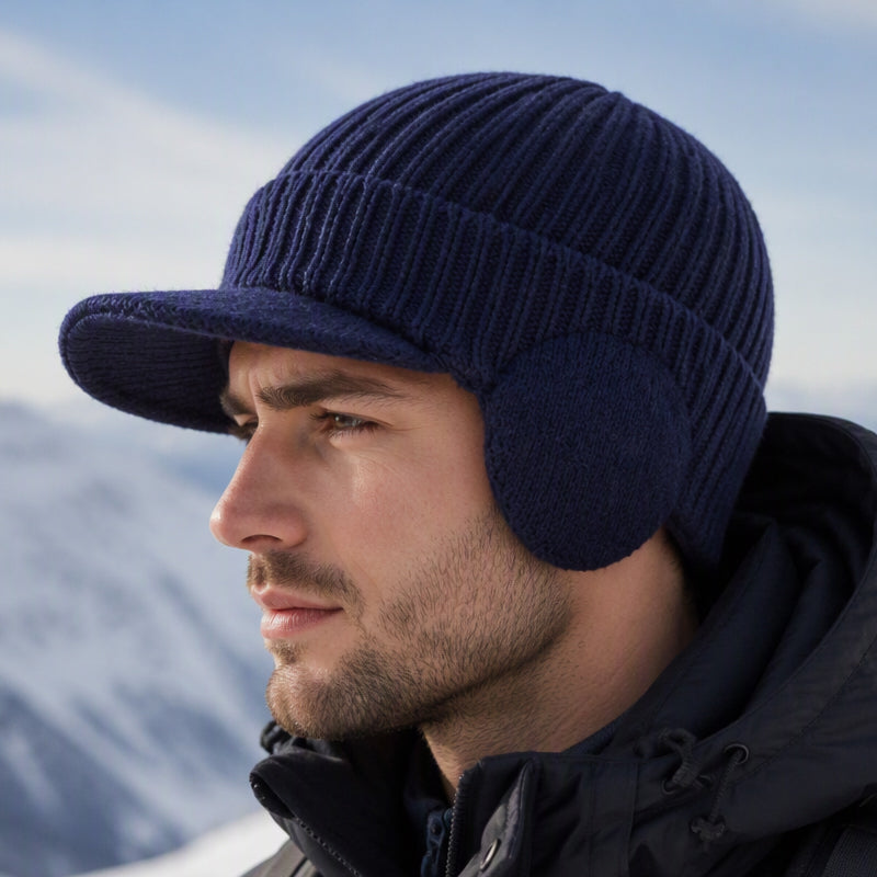 🧢 Cozy Ear Coverage, Structured Brim Detail | Men's Winter Knit Beanie Hat with Brim & Ear Flaps