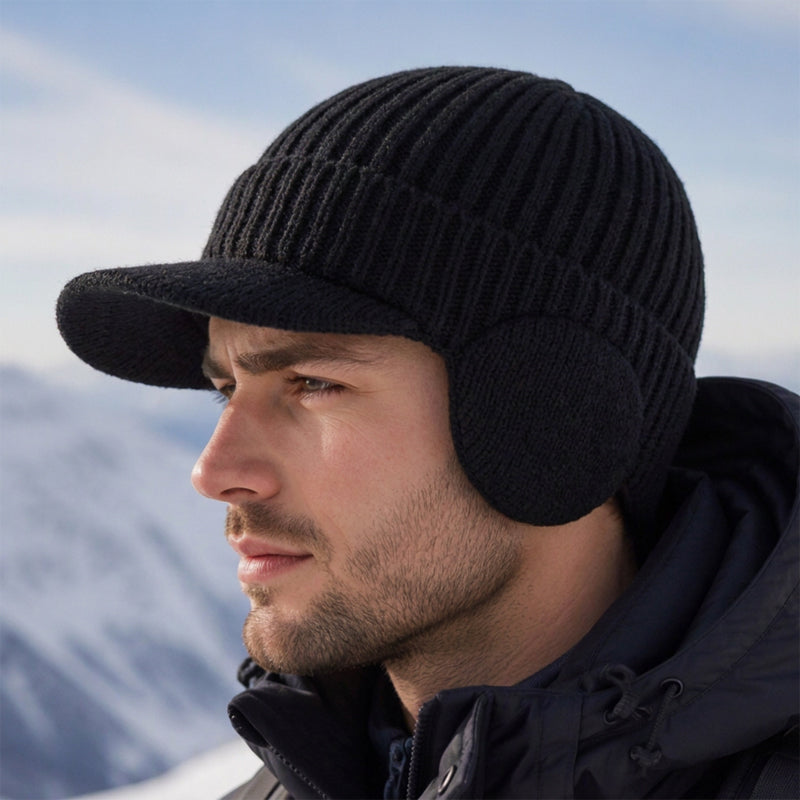 🧢 Cozy Ear Coverage, Structured Brim Detail | Men's Winter Knit Beanie Hat with Brim & Ear Flaps