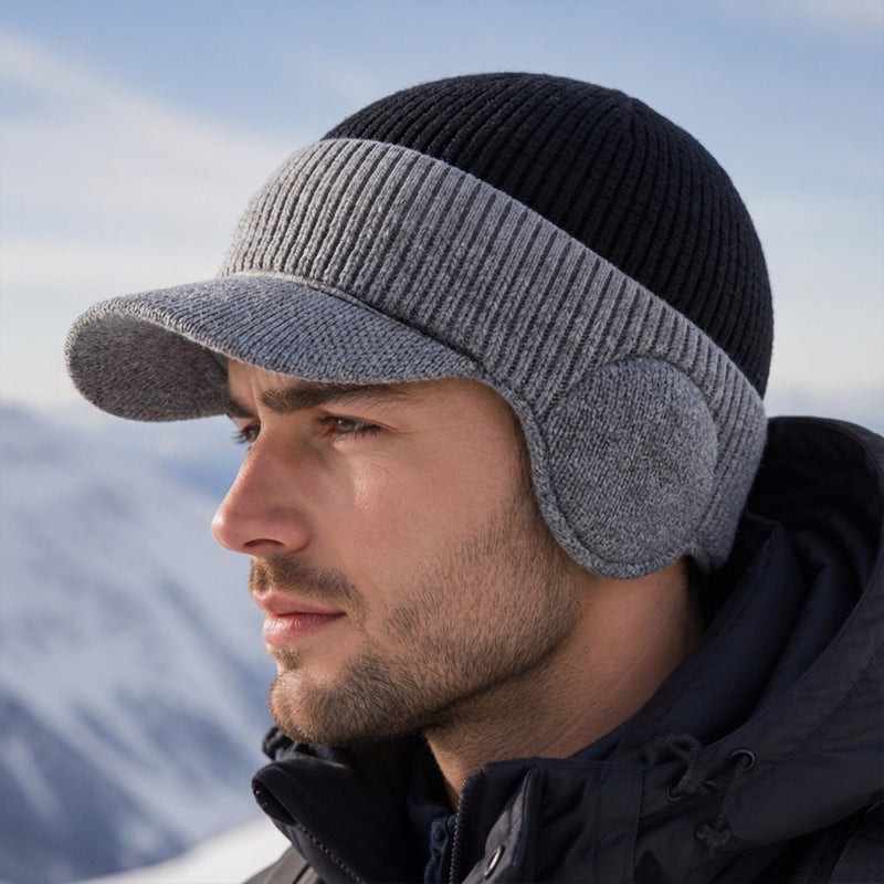 🧢 Cozy Ear Coverage, Structured Brim Detail | Men's Winter Knit Beanie Hat with Brim & Ear Flaps