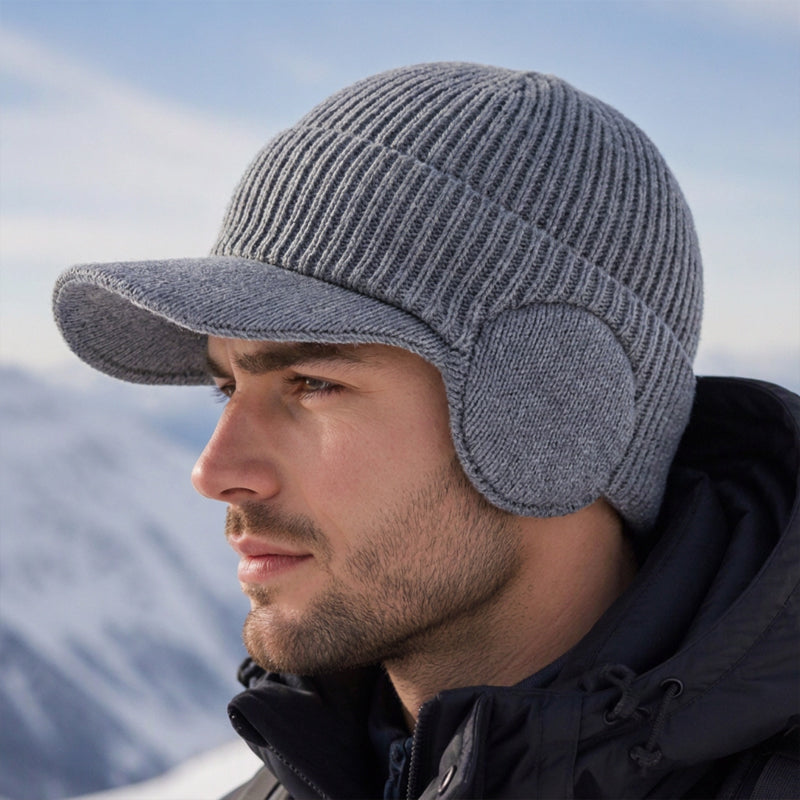 🧢 Cozy Ear Coverage, Structured Brim Detail | Men's Winter Knit Beanie Hat with Brim & Ear Flaps