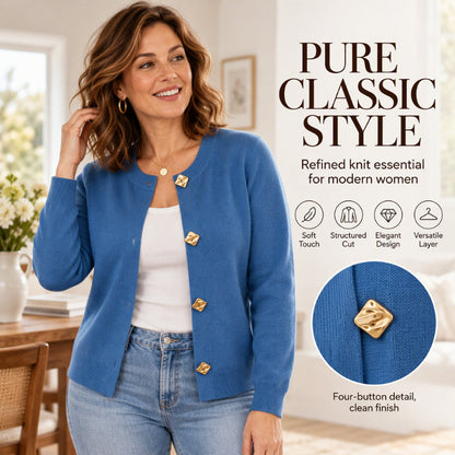 Women's Chic Crewneck Knit Cardigan with Gold Buttons