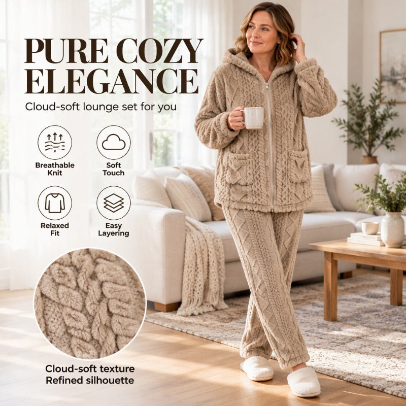 Women's Plush Cable Knit Hooded Jacket & Pants Set