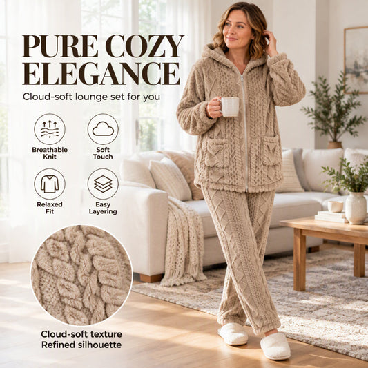 Women's Plush Cable Knit Hooded Jacket & Pants Set