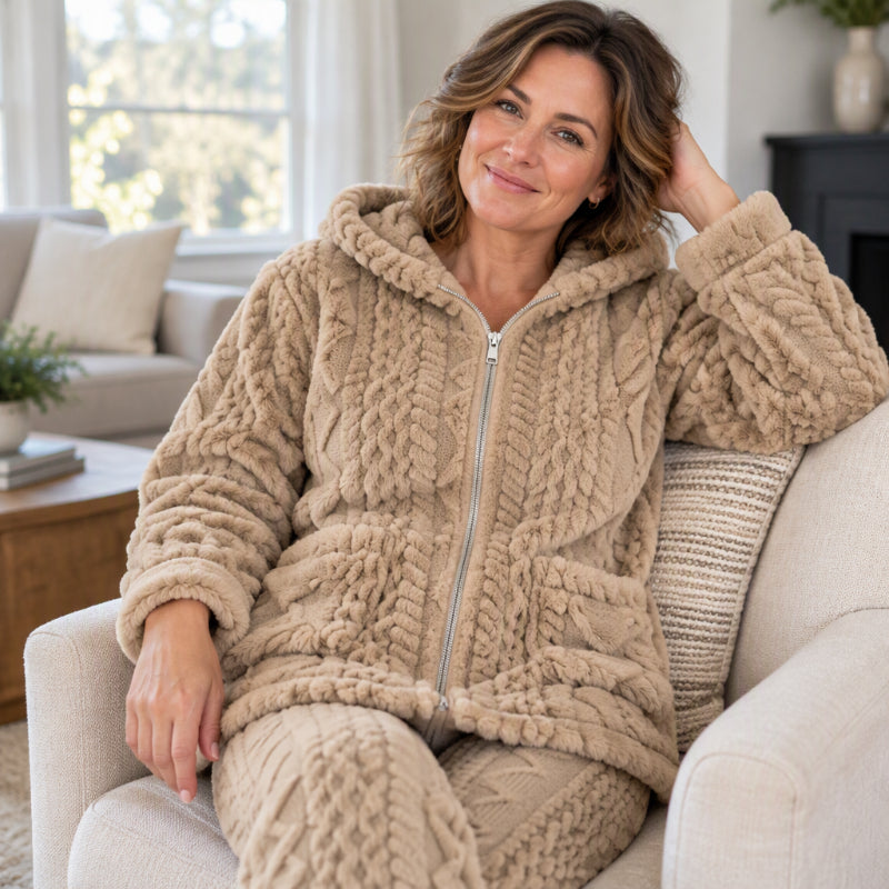 Women's Plush Cable Knit Hooded Jacket & Pants Set
