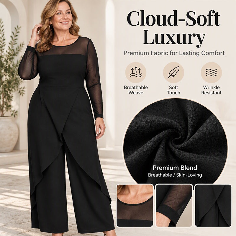 Women's Elegant Mesh Long Sleeve Jumpsuit with Wrap Overlay