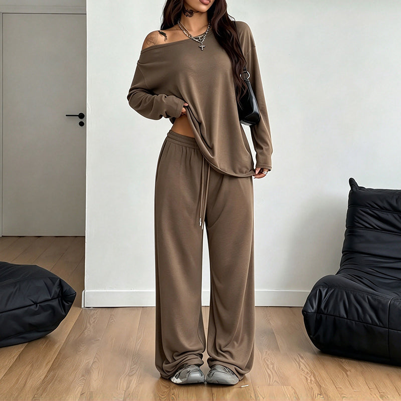 Women's Off-Shoulder Long Sleeve Top & Wide-Leg Pants Set
