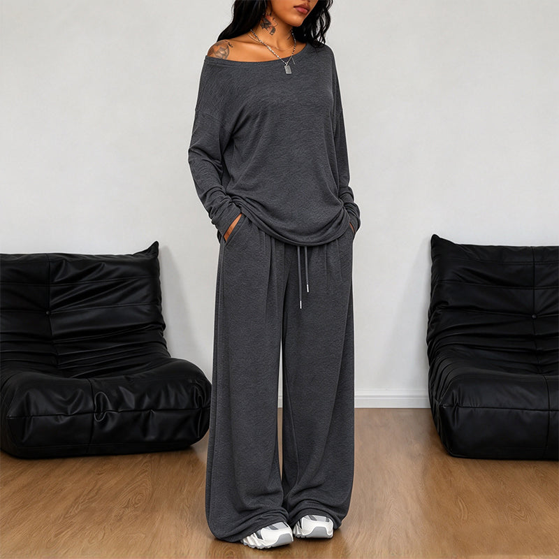 Women's Off-Shoulder Long Sleeve Top & Wide-Leg Pants Set