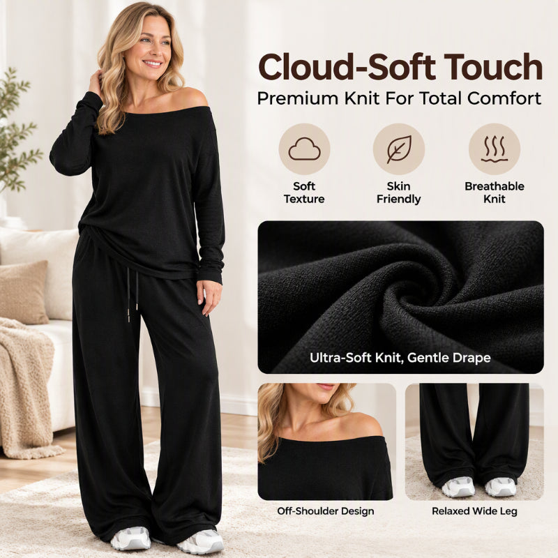 Women's Off-Shoulder Long Sleeve Top & Wide-Leg Pants Set