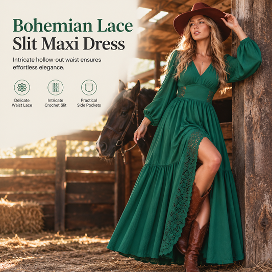 Women's Bohemian V Neck Long Sleeve Lace Patchwork Tiered Maxi Dress with Pockets🔥𝙁𝙧𝙚𝙚 𝙎𝙝𝙞𝙥𝙥𝙞𝙣𝙜