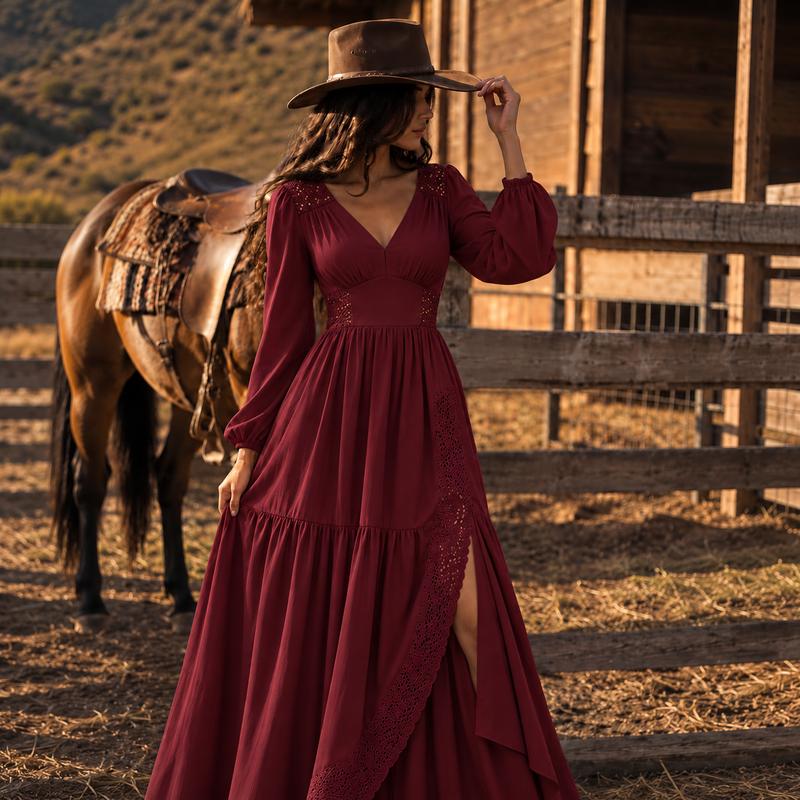 Women's Bohemian V Neck Long Sleeve Lace Patchwork Tiered Maxi Dress with Pockets🔥𝙁𝙧𝙚𝙚 𝙎𝙝𝙞𝙥𝙥𝙞𝙣𝙜