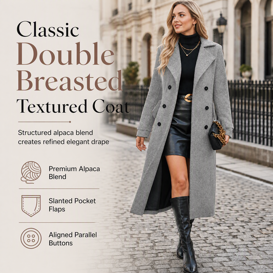 Women's Long Double Breasted Textured Coat Elegant Commuter Outerwear🔥𝙁𝙧𝙚𝙚 𝙎𝙝𝙞𝙥𝙥𝙞𝙣𝙜