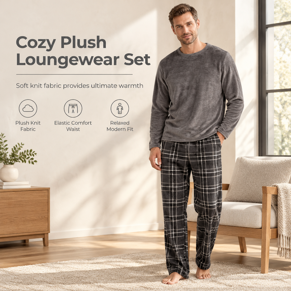 Men's Soft Plush Knit Loungewear Pajama Set with Solid Crewneck Top and Plaid Pants