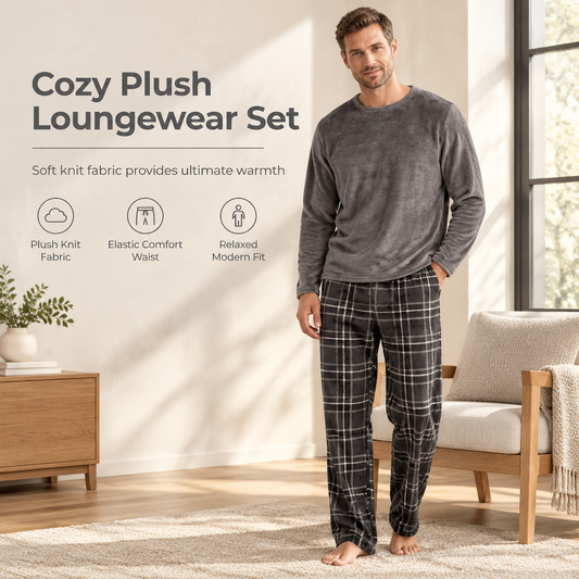 Men's Soft Plush Knit Loungewear Pajama Set with Solid Crewneck Top and Plaid Pants