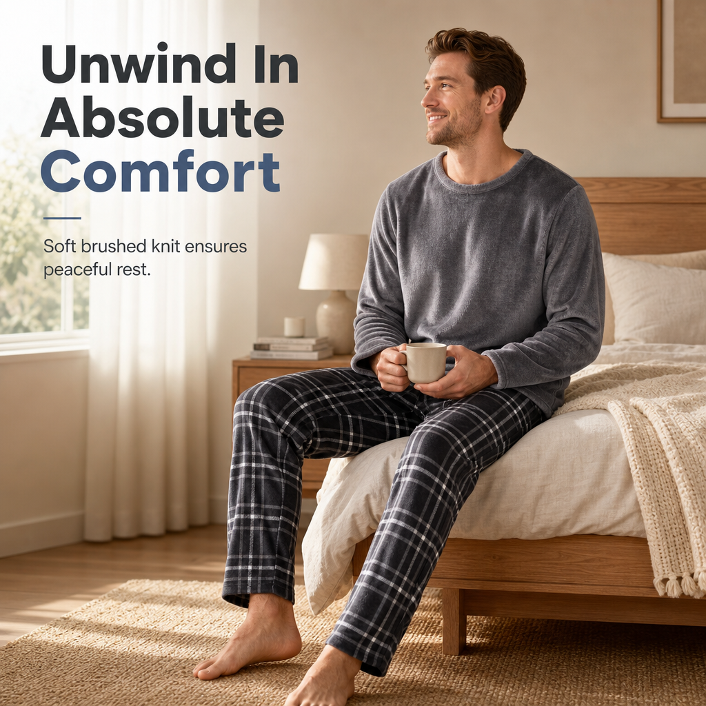 Men's Soft Plush Knit Loungewear Pajama Set with Solid Crewneck Top and Plaid Pants