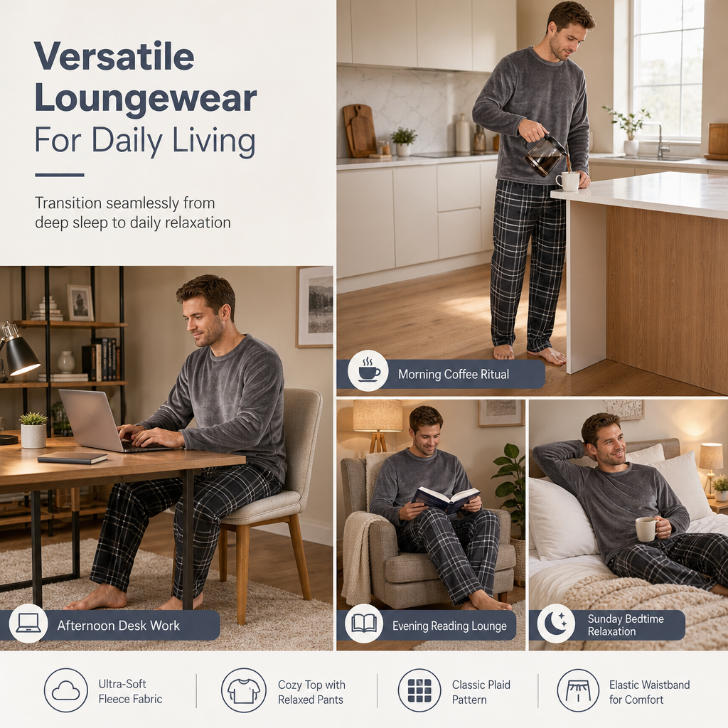 Men's Soft Plush Knit Loungewear Pajama Set with Solid Crewneck Top and Plaid Pants
