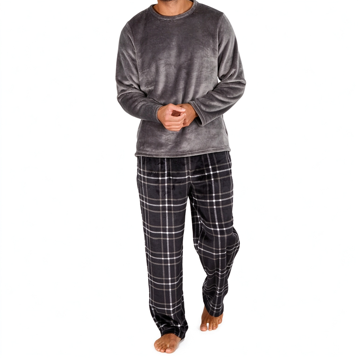 Men's Soft Plush Knit Loungewear Pajama Set with Solid Crewneck Top and Plaid Pants