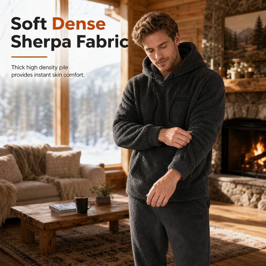 Men's Winter Warm Lamb Wool Hooded Sweatshirt and Pants 2 Piece Set