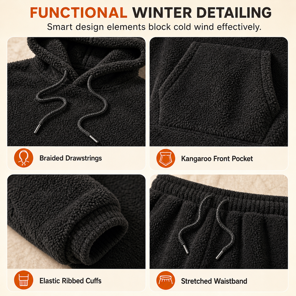 Men's Winter Warm Lamb Wool Hooded Sweatshirt and Pants 2 Piece Set