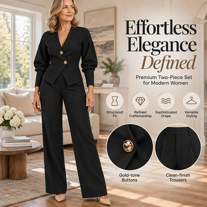 Women's Elegant Puff Sleeve Blazer and Wide-Leg Pants Set