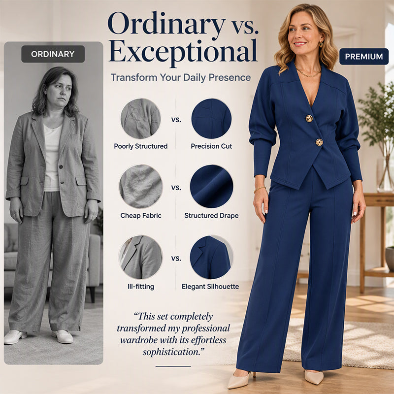Women's Elegant Puff Sleeve Blazer and Wide-Leg Pants Set