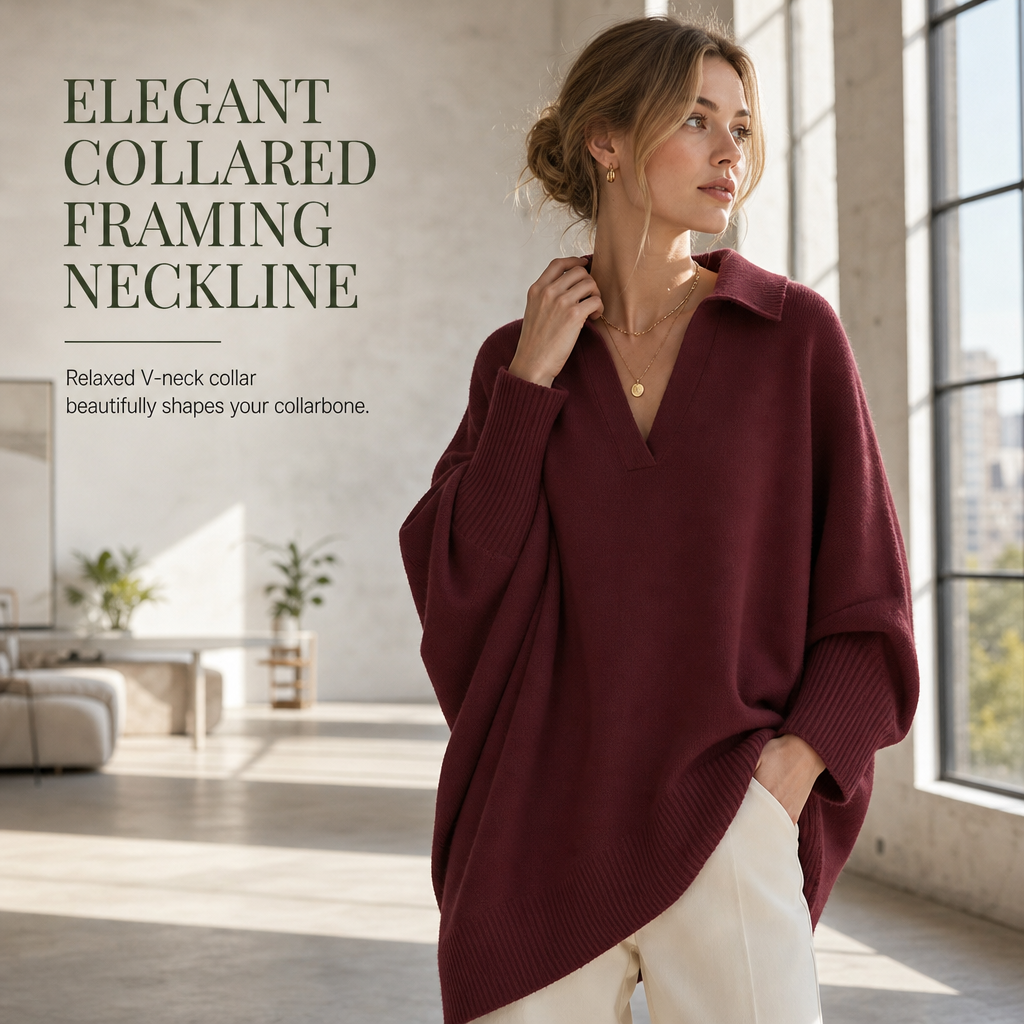 Women's Loose Fit Collared Knit Sweater Casual Slouchy Solid Color Long Sleeve Knitwear