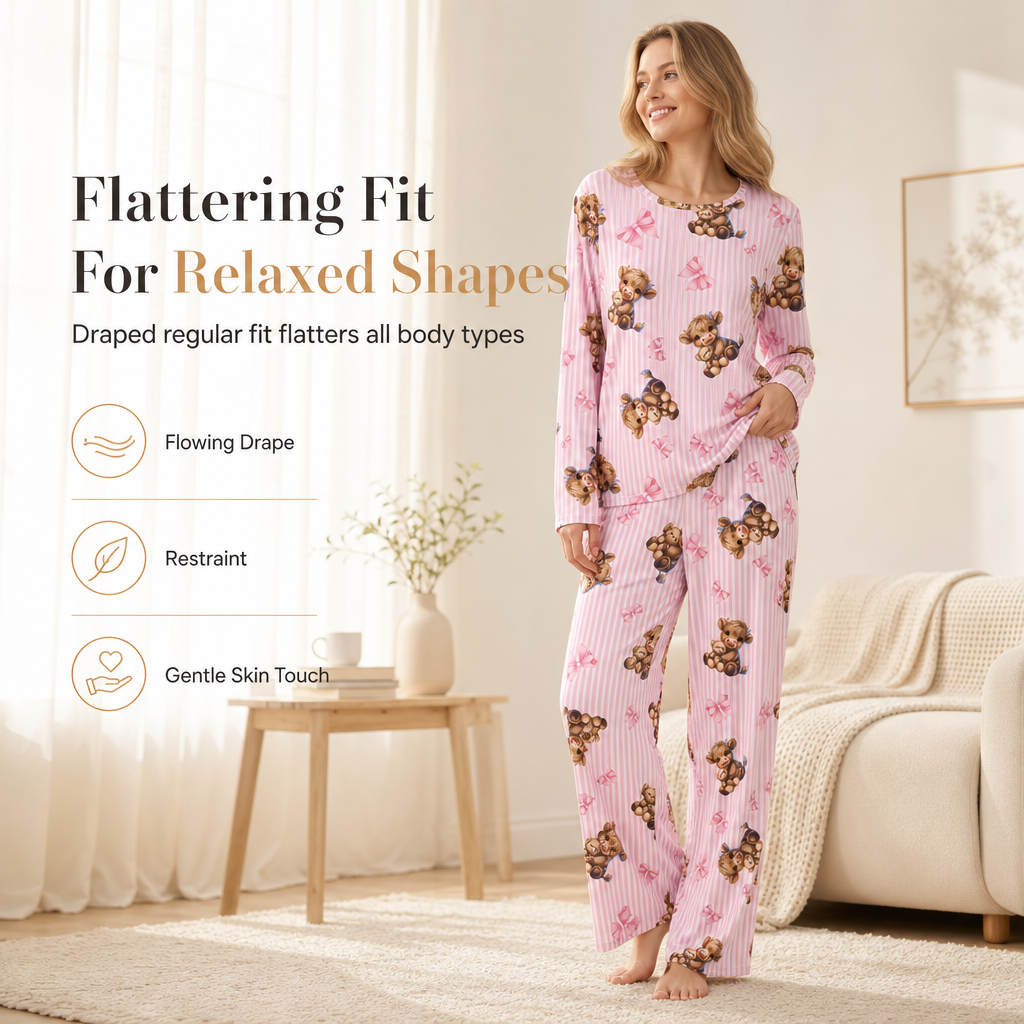 Women's Soft Milk Silk Pajama Set Long Sleeve Top and Long Pants Casual Loungewear