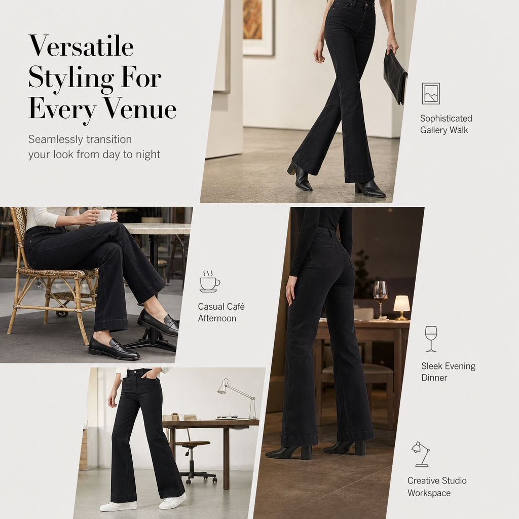 Women's High-Waisted Flare Denim Jeans Classic Black Slim Fit Five-Pocket Pants