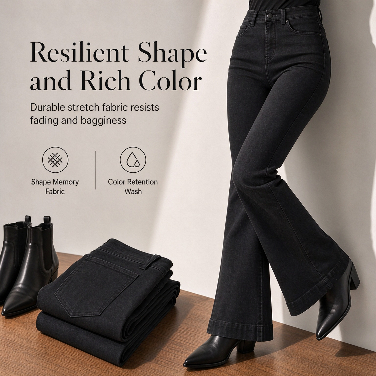 Women's High-Waisted Flare Denim Jeans Classic Black Slim Fit Five-Pocket Pants