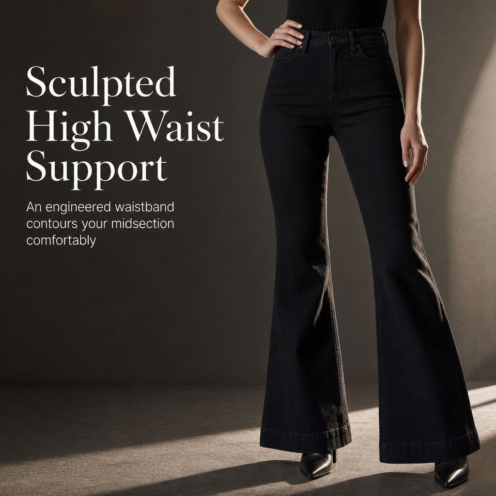 Women's High-Waisted Flare Denim Jeans Classic Black Slim Fit Five-Pocket Pants