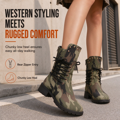 Womens Retro Western Cowboy Tall Boots Plus Size Camouflage Riveted High Boots