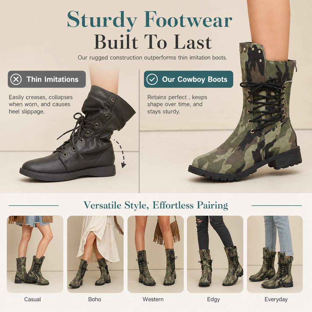 Womens Retro Western Cowboy Tall Boots Plus Size Camouflage Riveted High Boots