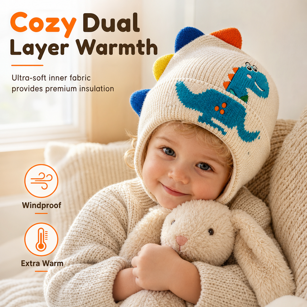 Cute Toddler Kids Dinosaur Knit Beanie Hat Winter Thick Warm Windproof Earflap Cap for Boys and Girls