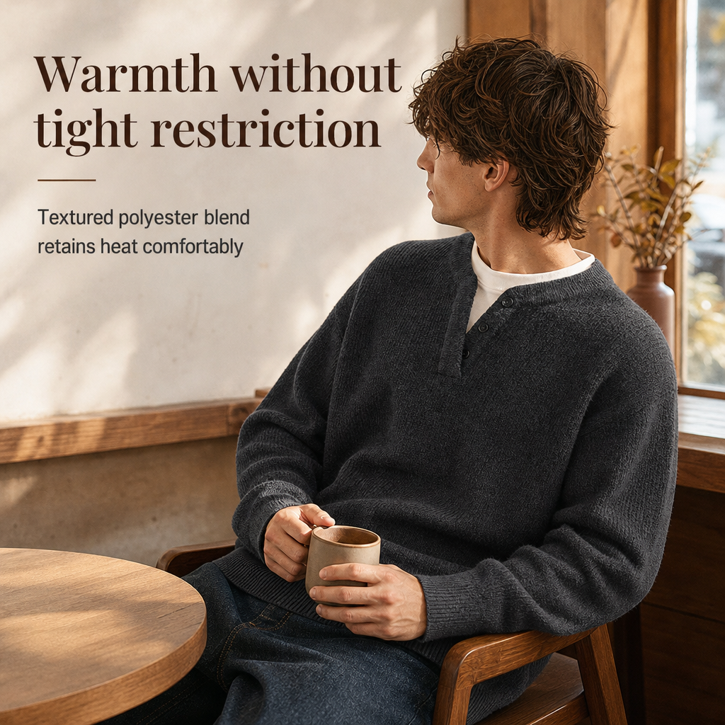 🧶 Effortless Layered Look, Relaxed Comfort | Men's Retro Henley Neck Mock Two Piece Sweater Relaxed Fit Long Sleeve Knit Pullover for Fall and Winter