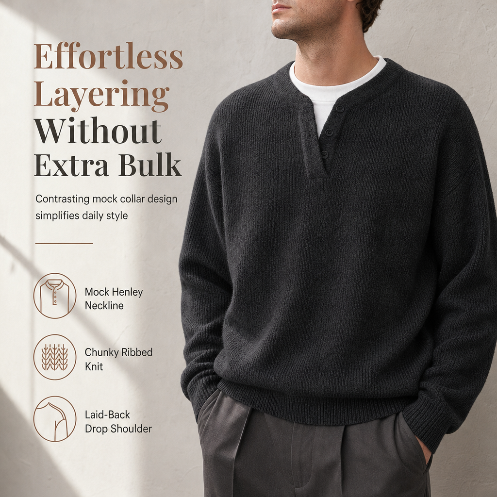 🧶 Effortless Layered Look, Relaxed Comfort | Men's Retro Henley Neck Mock Two Piece Sweater Relaxed Fit Long Sleeve Knit Pullover for Fall and Winter