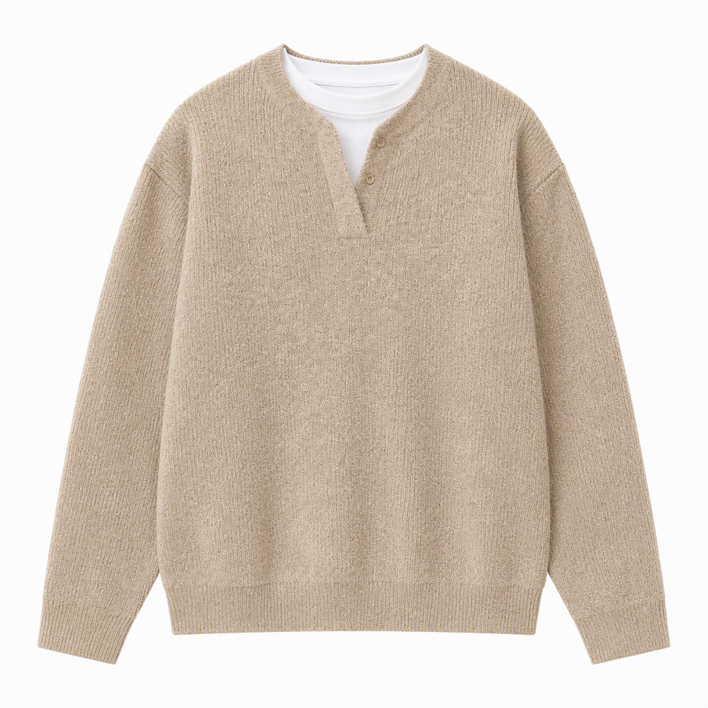 🧶 Effortless Layered Look, Relaxed Comfort | Men's Retro Henley Neck Mock Two Piece Sweater Relaxed Fit Long Sleeve Knit Pullover for Fall and Winter